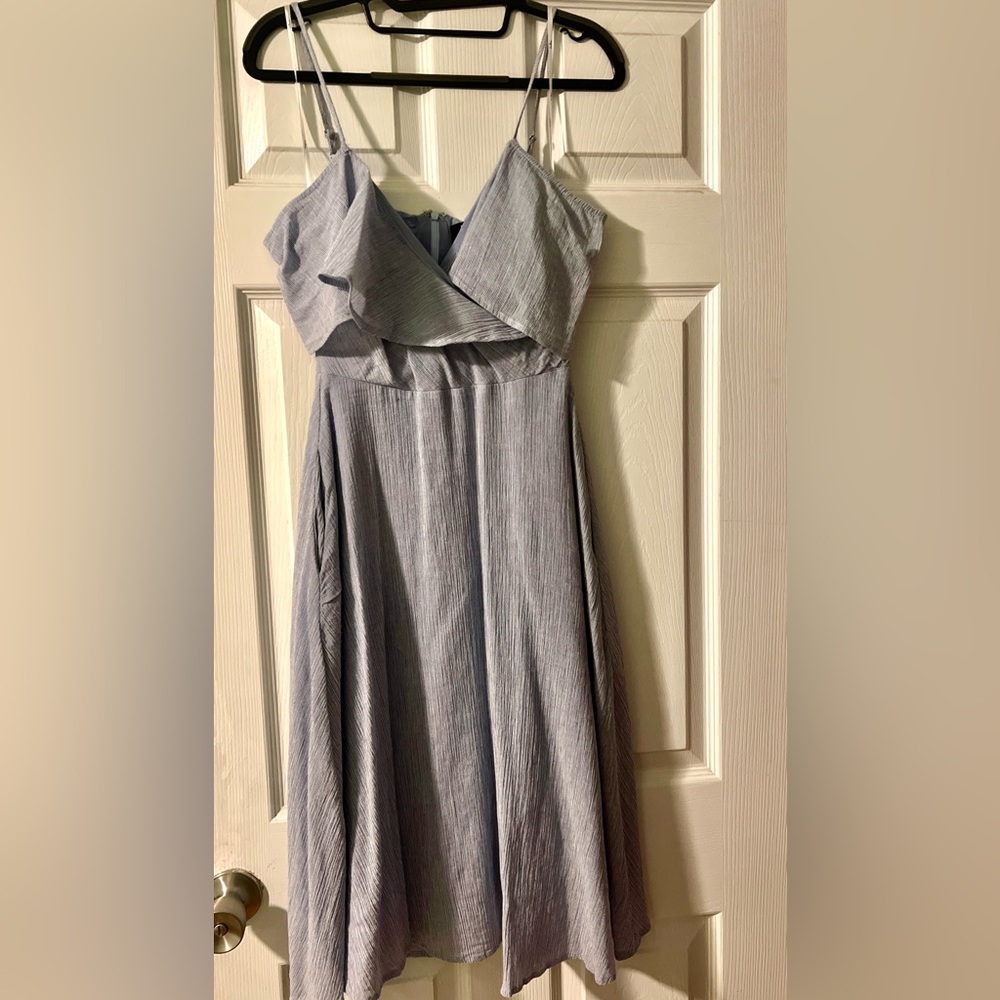 Lulus Light Blue Ruffle Midi Dress with Pockets- Like New!